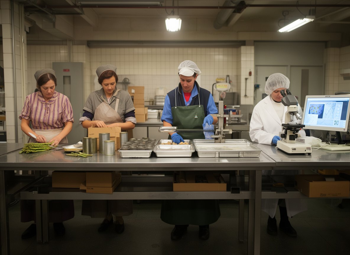 Imagen generada con IA que muestra la evolcuion de las mujeres en la industria de la conserva